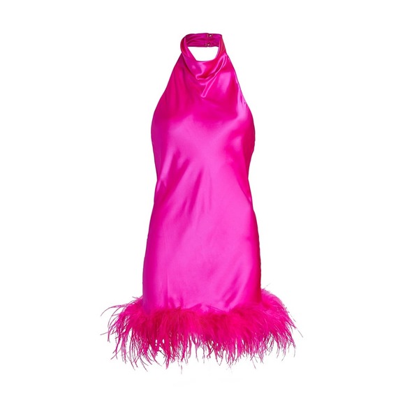 Amanda Uprichard Lunaria Feather Trim Halter Dress in Hot Pink Light M - Picture 7 of 7